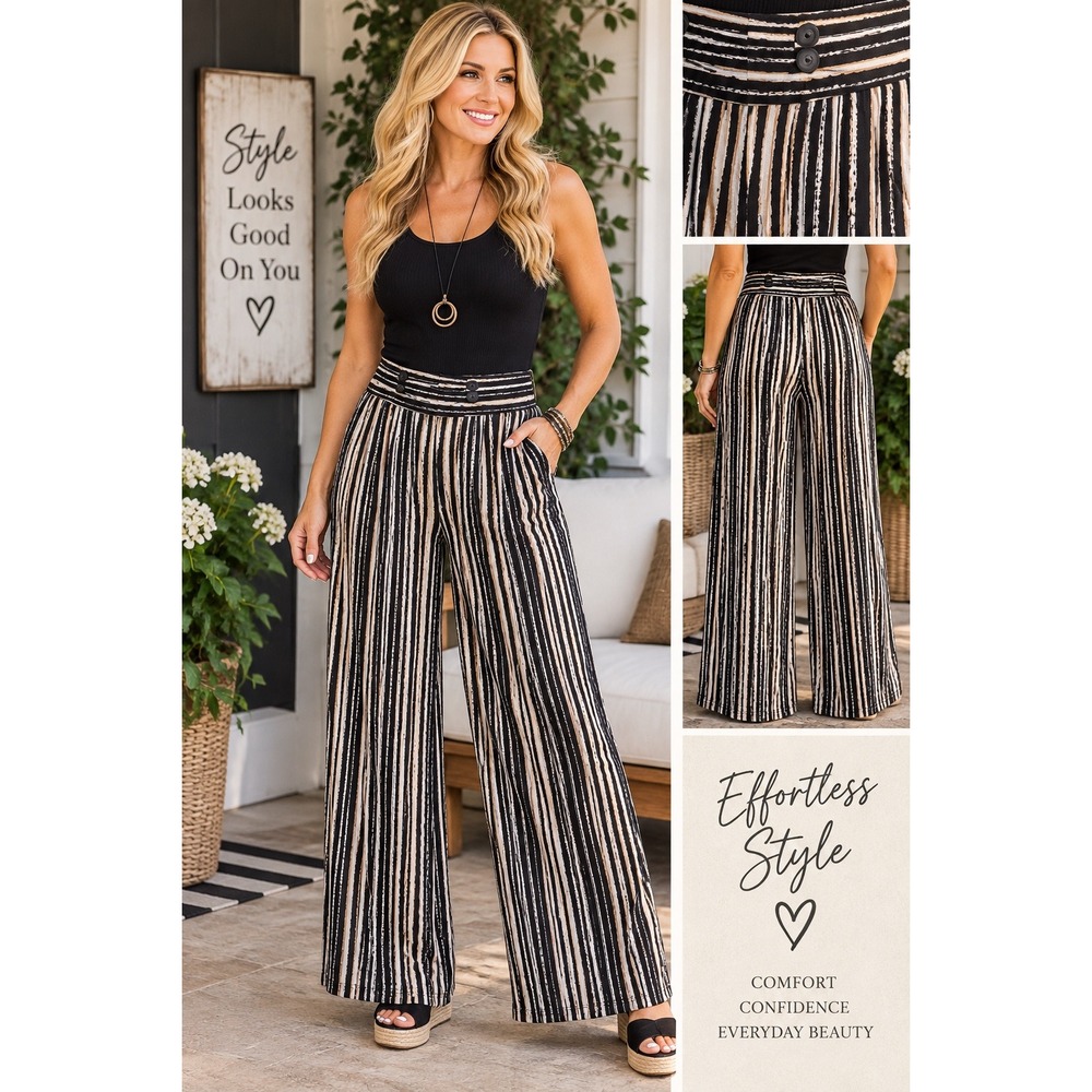 Robert Louis Womens XL Wide Leg Palazzo Pants Black White Stripe High Waist